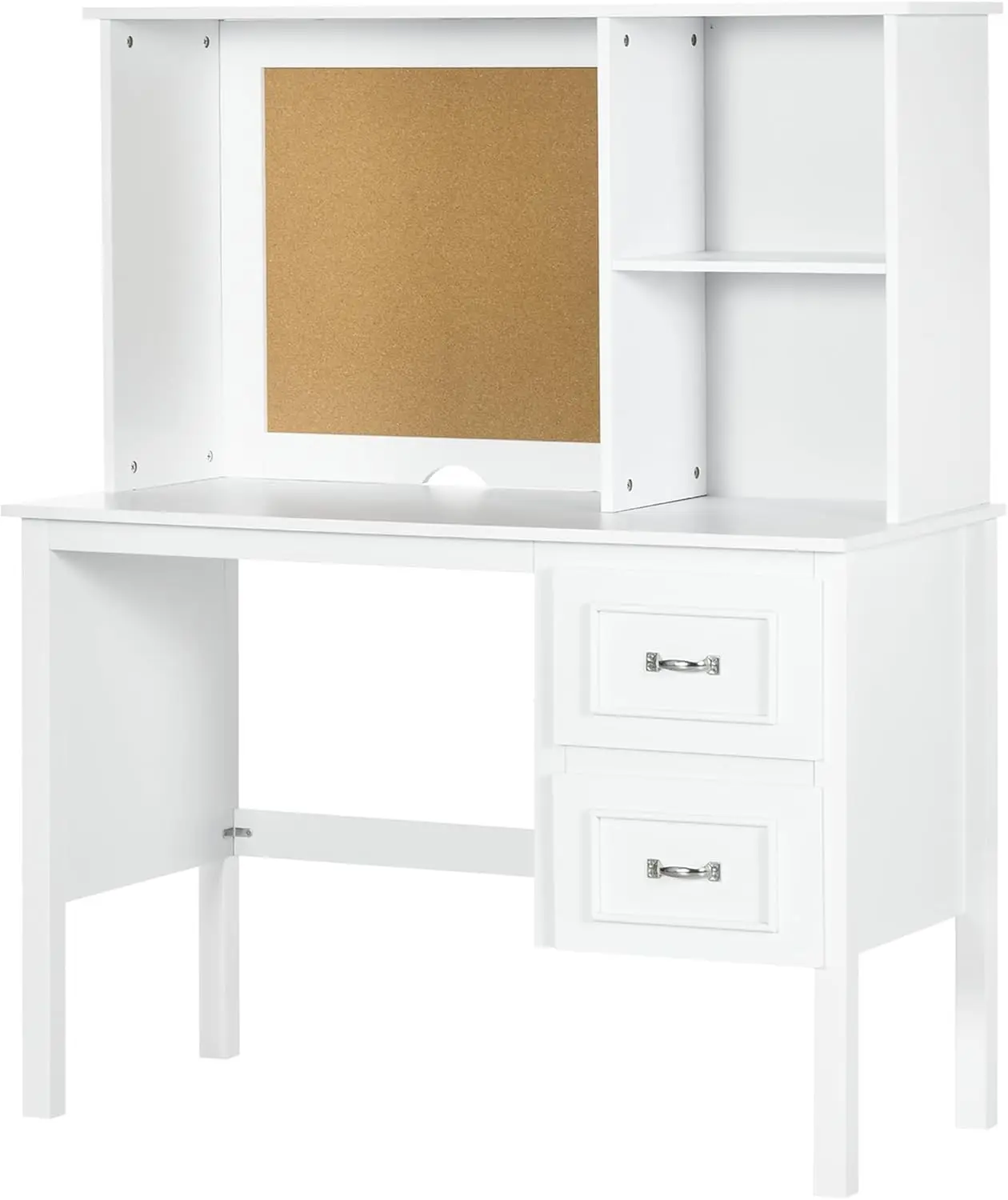 Computer Table with Storage Shelves, Home Office Desk with 2 Drawers, Cable Management Hole, Corkboard - White