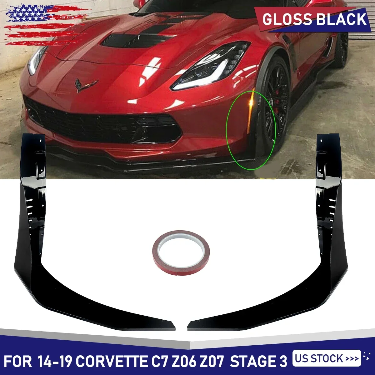 Front Side Splitter Extension Winglets For Corvette C7 Z06 Z07 Stage 3 2014-2019