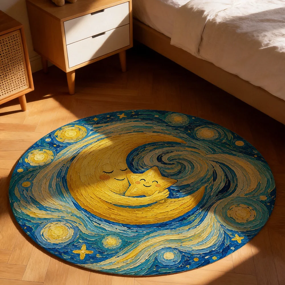 Starry Night Moon Crescent Dreamy Nursery Area Rug Bohemian Boho Kids Play Mat for Bedroom Decor