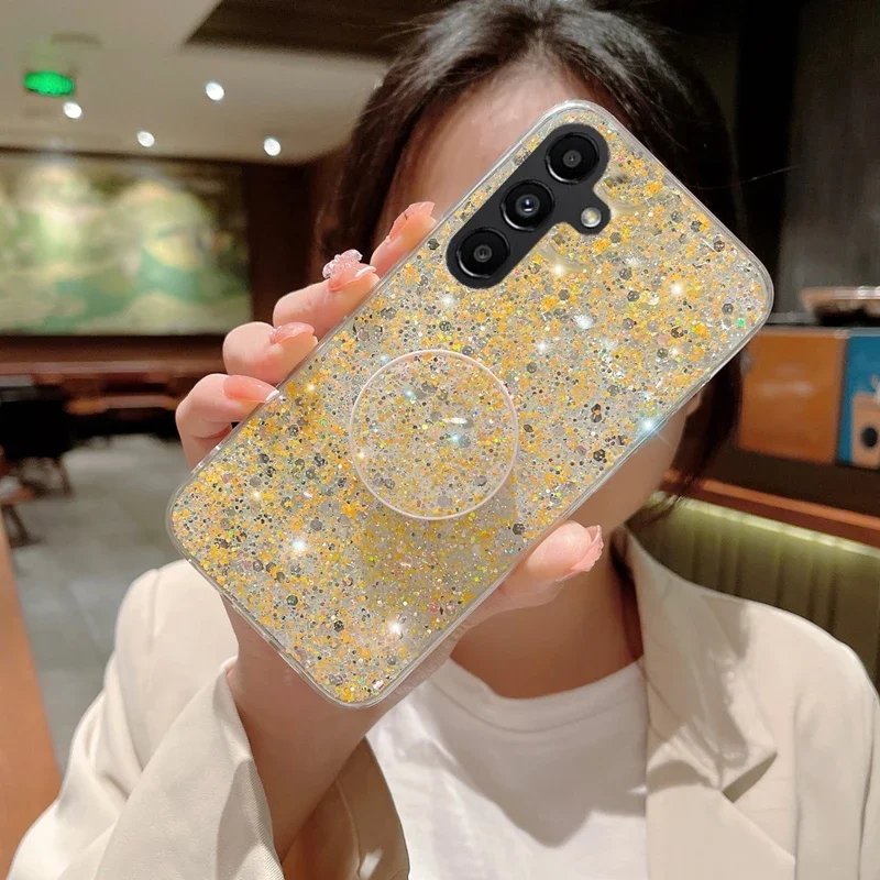 Shiny Glitter Gypsophila phone holder Case For Samsung Galaxy A15 A25 A35 A55 5G Bling Gold Silver Foil Silicone Cover