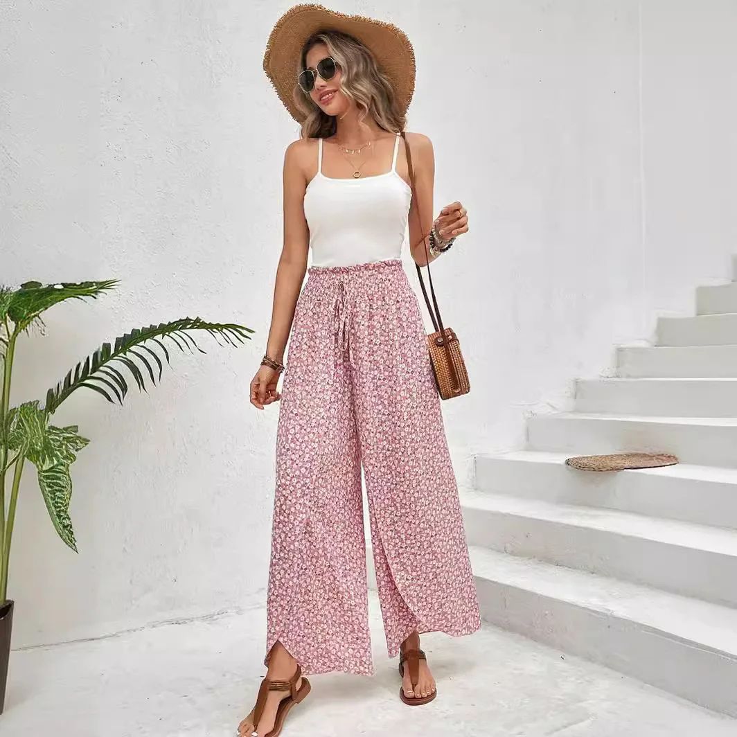 Side Slit Wide Leg Skirt Pants For Women In Summer Autumn 2024 Fashionable And Versatile Elastic Waistband Tied With Floral Pant