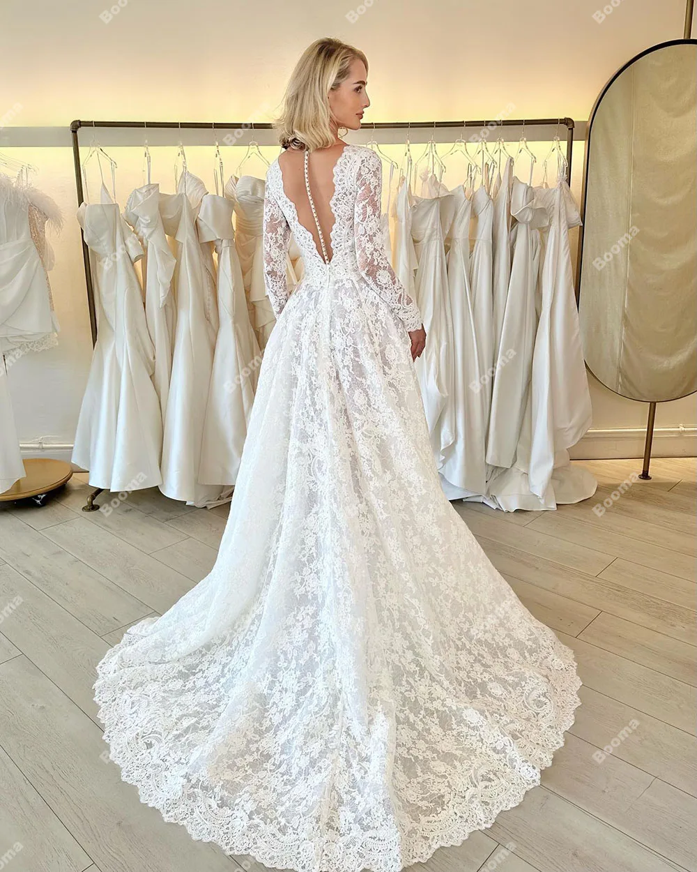 Booma A Line Elegant Wedding Dresses Deep V Neck Long Sleeves Lace Bride Gowns for Women Party Floor Length Bridals Dresses 2023