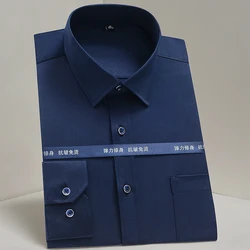 Men's Classic Non Iron Stretch Solid Easy Care Shirt Anti-Wrinkle Long Sleeve Formal Business Regular fit Navy Dress Shirts