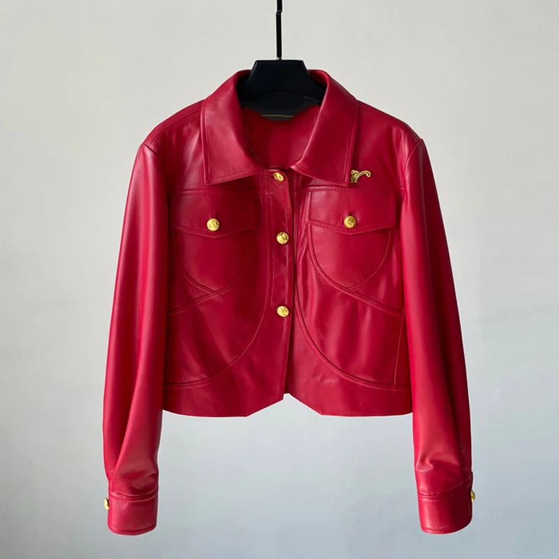 Giacca monopetto in pelle di pecora monopetto corta da donna in vera pelle nera 2025 Autunno Nuovi cappotti in pelle da moto a maniche lunghe femminili