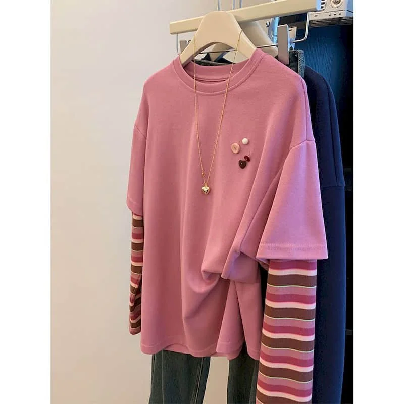 Loose T-shirts O-neck Fake Two-piece Contrast Color Striped Tops Vintage Casual American Style Long Sleeve Autumn Women Clothing