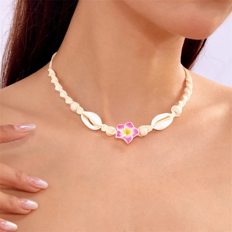 Fashion Flower Shell Pendant Braided Necklace Bohemian Beach Vacation Jewelry for Women Natural Fresh Adjustable Length Jewelry - view 2