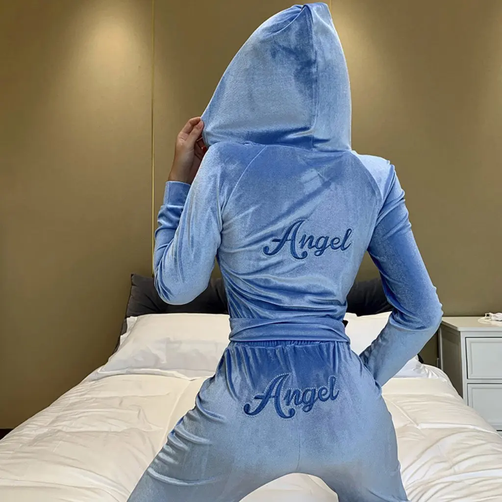 

Women's New Long-Sleeved Hooded Sweatshirt And Suede Pants Set Angel Letter Embroidered Two-Piece Comfortable Streetwear