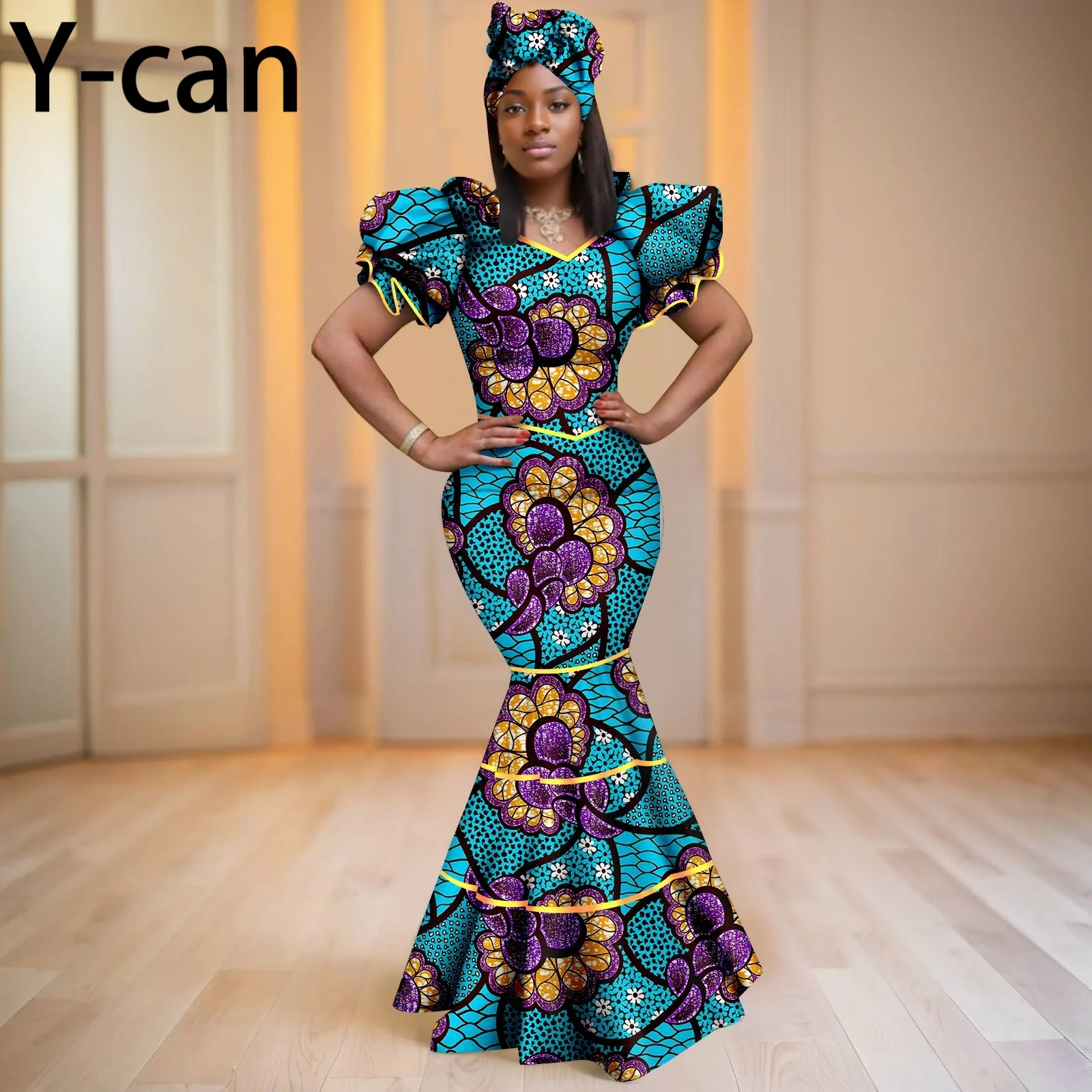 African Dresses for Women Party Trumpet Sleeve Women Mermaid Gown with  Headscarf Original Ankara Wedding Evening 2525060 - AliExpress 200000532