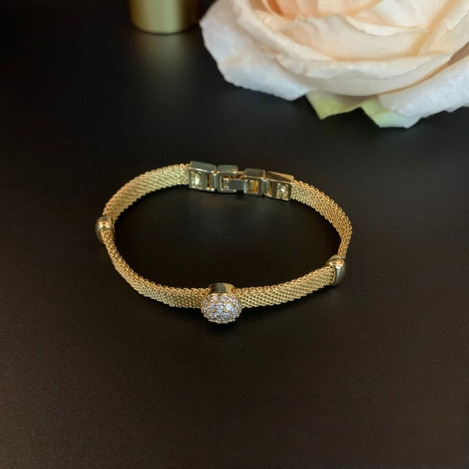 

Minimalist Bracelet Elegant Medium-Wide Chain Brass Inlaid Zircon Personalized Commute Bracelet Light Luxury Texture Jewelry