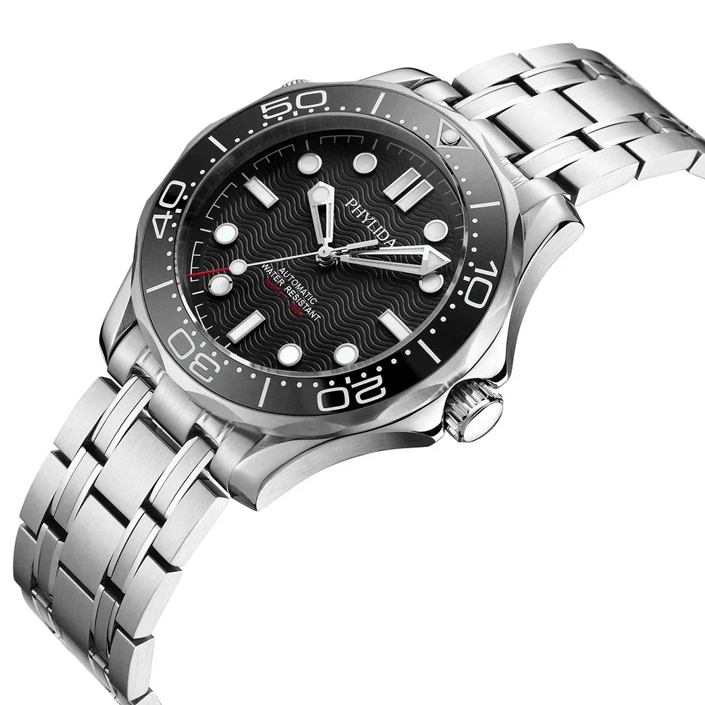 PHYLIDA Black Dial Diver 200 Men\'s Warch Sapphire Crystal NH38a Automatic Watch SLN BGW9 Lume SE-BK-38