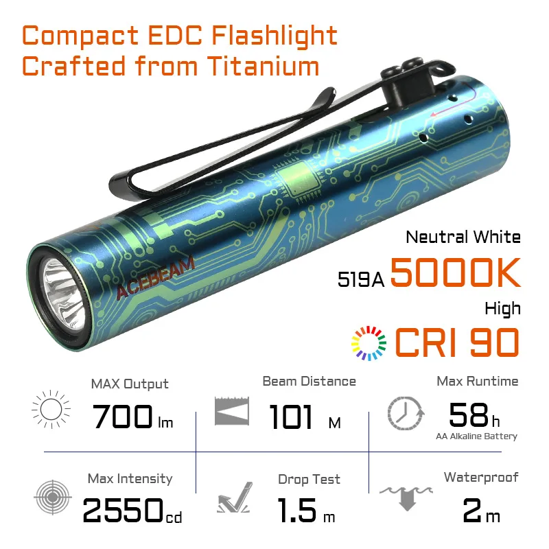 ACEBEAM Rider RX 2.0 titaniumlegering Speciale editie Max. 700 lumen 519A-V1 Hoge CRI LED EDC AA-zaklamp, ontwerp met boutactie