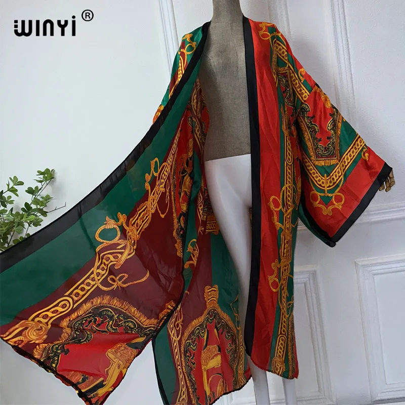 WINYI summer kimono Africa print beach wear women Swim Suit elegant African women boho Cardigan sexy Holiday silk feeling dress