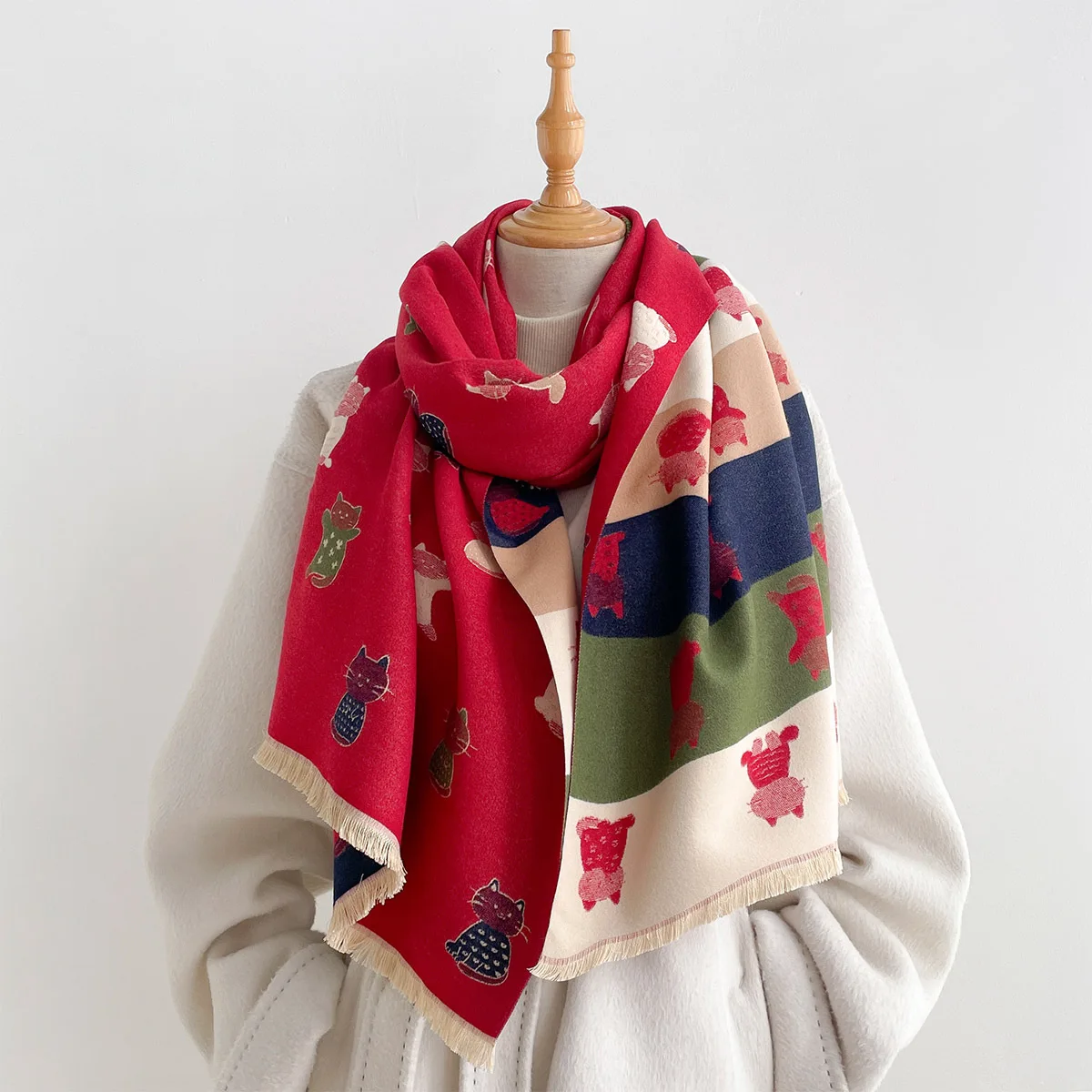 Sweet Cartoon Kitten Animal Print Double Sided Faux Cashmere Scarf Reversible Long Wrap Shawl Soft Warm Neck Scarf Youthful