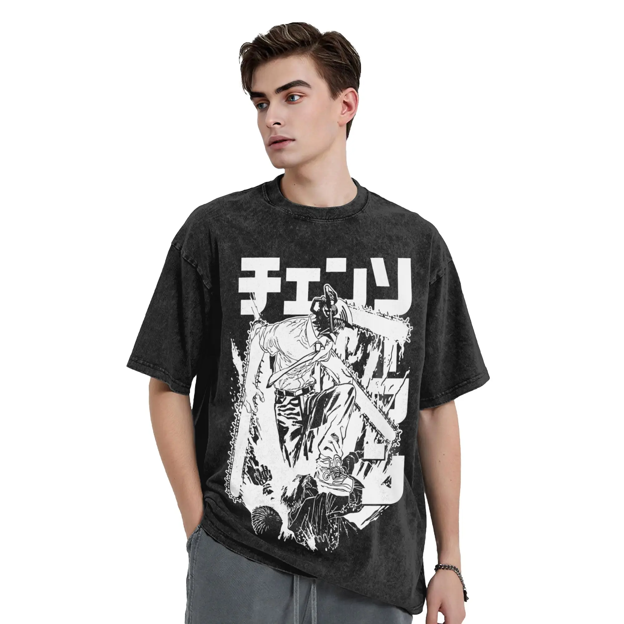 Vintage Washed T Shirt Chainsaws Man Denji Devil Makima Anime Cotton Tops Short Sleeve Round Neck Tees Birthday Gift T-Shirts
