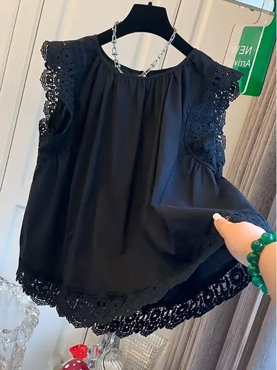 Auténtico adorno de encaje dulce empalme Svel irt Top informal suelto para mujer coreano Sle redondo Ne longitud Regular Primavera Verano