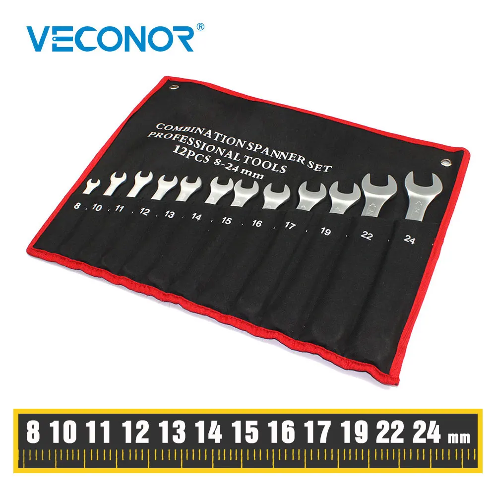 12 Pcs Combination Wrench Set, Open And Box End, Metric mm 8, 10, 11, 12, 13, 14, 15, 16, 17, 19, 22, 24, Chrome Vanadium