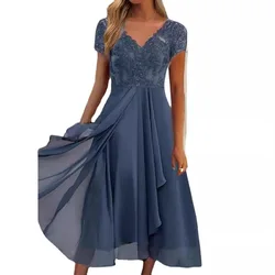Blue Green Vestidos Sundress Women's Summer Dress Elegant Party Gown V Neck Short Sleeve Lace Chiffon Evening Dresses Платье