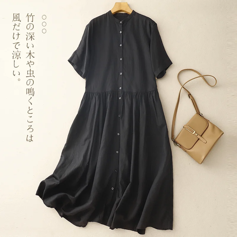 

Literary Cotton Linen Summer Dress Women Short Sleeve Single Breasted Vestidos Loose Casual A-Line Midi Dresses