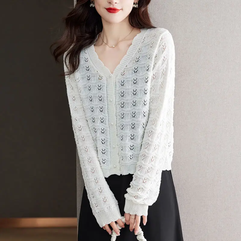 Women Hollow Out Beaded Chic Sweet Ice Silk Knitwear New Spring Autumn Fashion Elegant Solid V Neck Long Sleeve Knitted Cardigan