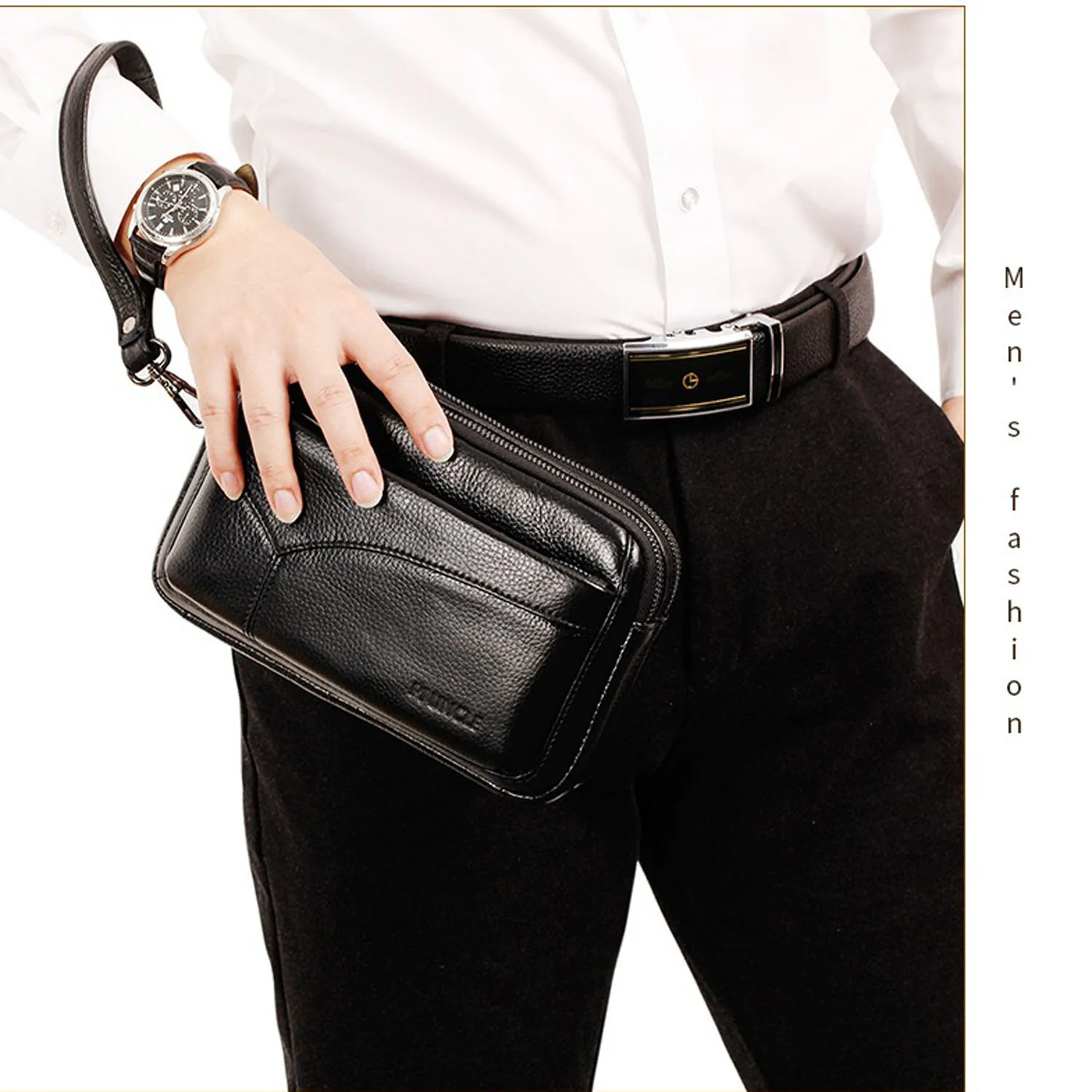 Men's Genuine Leather Fashion Business Clutch Bag, Vintage Wristlet Wallet, Coin Purse, Wallet, Work Handbag, Mobile Phone Day Bag, Black