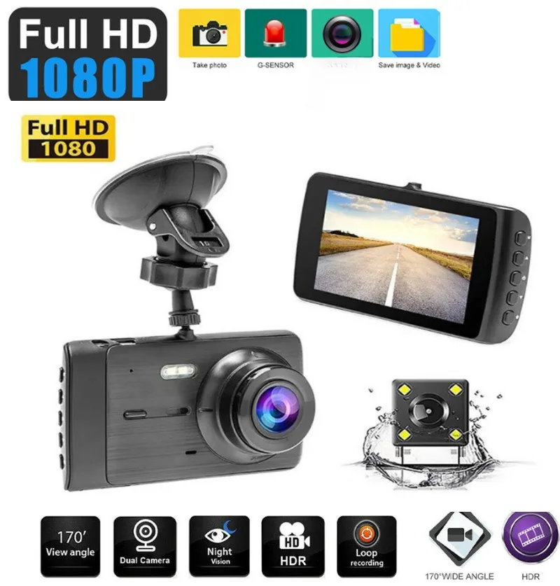 Dual Camera Dash Cam Car G-sensor Loop Recording Dashcam HD Black Box Dvr 4 Inch Wide Dynamic Range 170° Angle Lens Night Vision