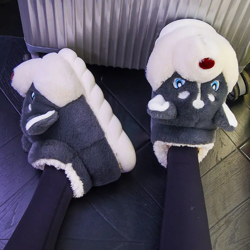 Winter Home Couple Shoes Women's Fluffy Dog Slippers Girls Animal Fur Slides Kawaii Funny Furry Shoes Woman Plush Rabbit Slipper