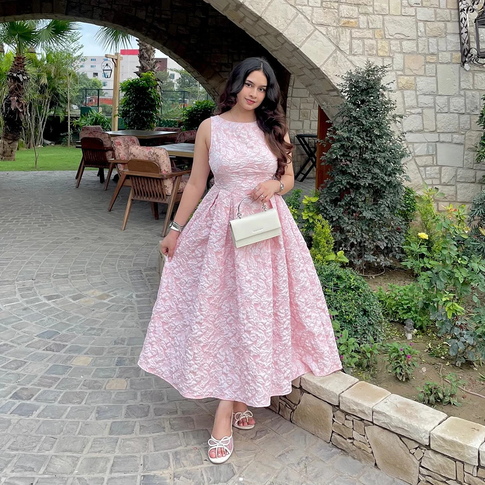 

Плиссированное розовое вечернее платье из джерси с круглым вырезом по индивидуальному заказу, без рукавов, с открытой спиной, длиной до щиколотки, простое платье трапециевидной формы для женщин