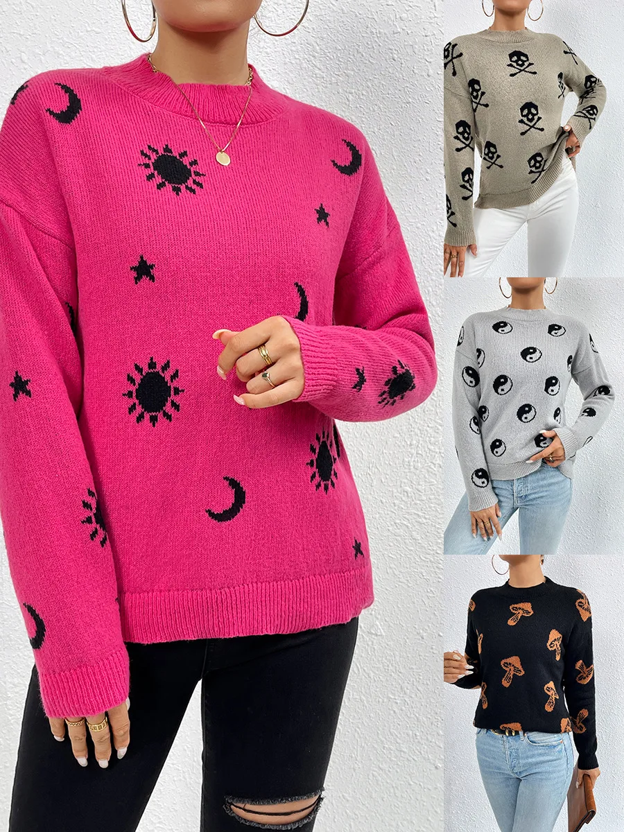 Halloween  Skull Punk Retro Autumn Winter Moon Star Warm Knitted Sweater Women's Pullover