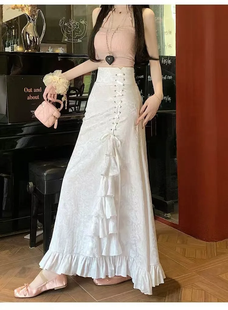 Długa spódnica w stylu gotyckim, wiktoriańska, średniowieczna, punkowa, z rybim ogonem, wiązana w talii, zdobiona, z nadrukiem, midi.