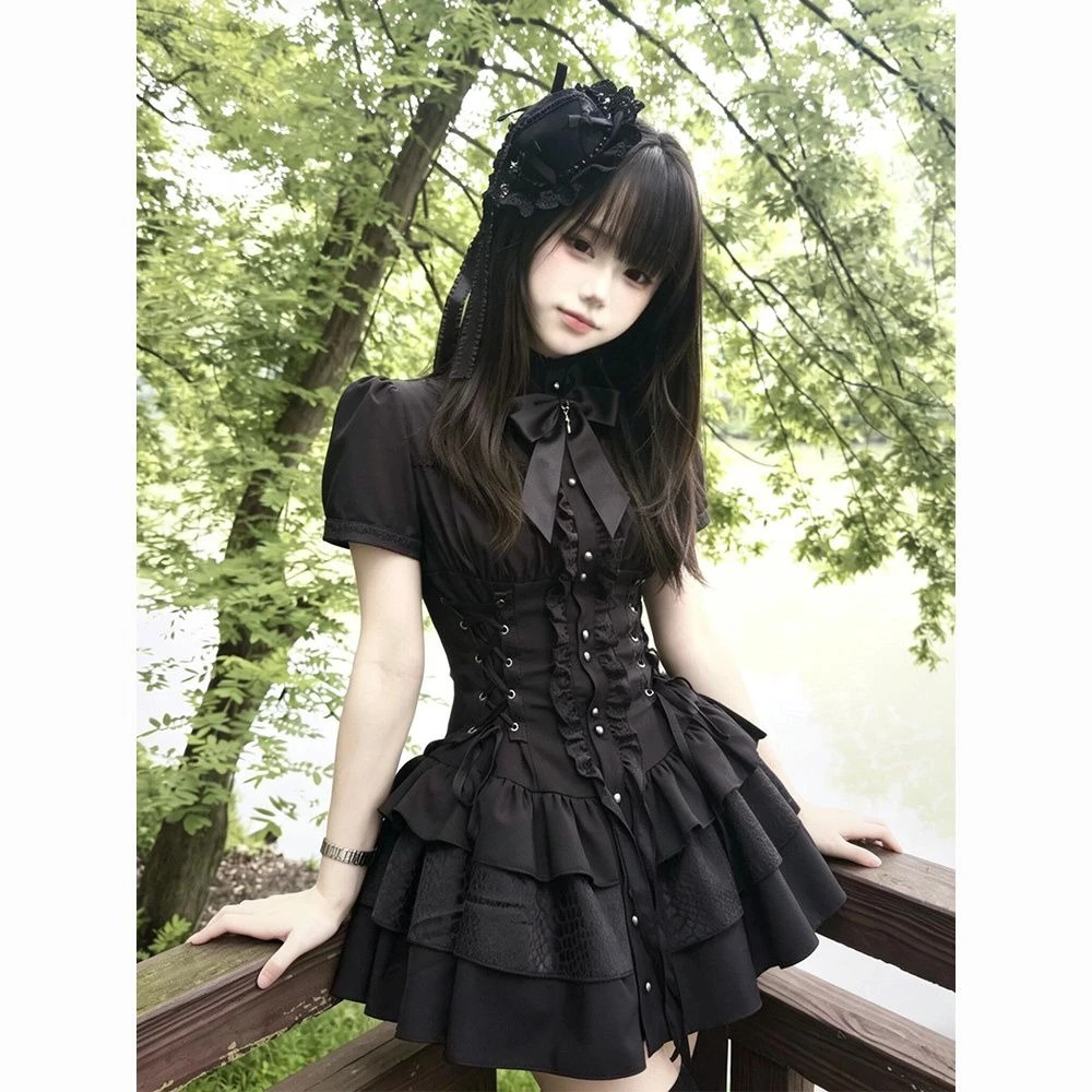 Vintage Gothic-Stil Schnürkleid mit kurzen Ärmeln für Damen, High-Street Retro Schwarzes Schmales Goth-Kleid mit Schleifenumhang, Lolita-Minikleid – Detail 4
