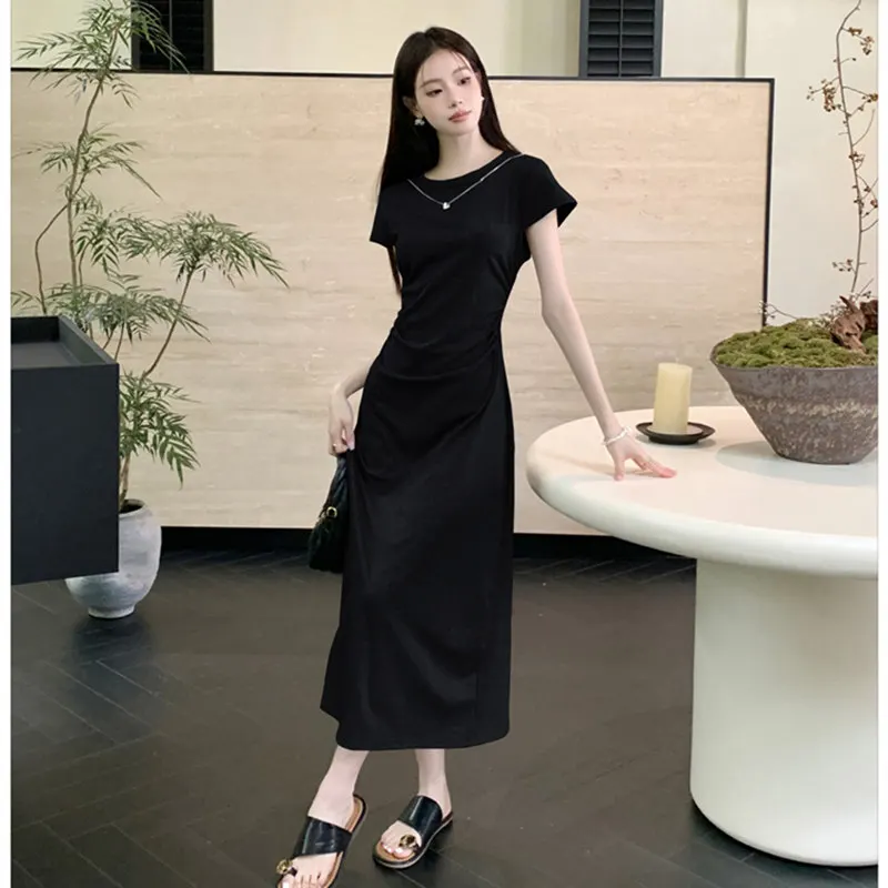 2025 夏の新韓国半袖 Tシャツドレスロングドレス女性カジュアルファッションスウィーティー気質スカート美少女