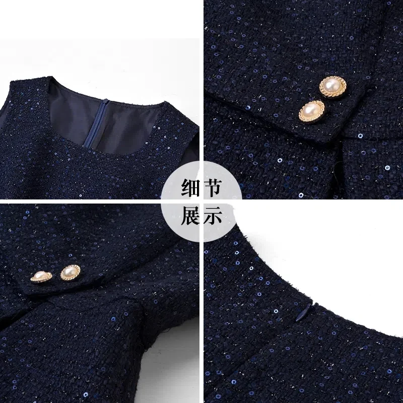 Vestido de lã sem mangas feminino com lantejoulas, vestidos de duas camadas, colete elegante, azul marinho, roupas da moda, outono, inverno, 2022