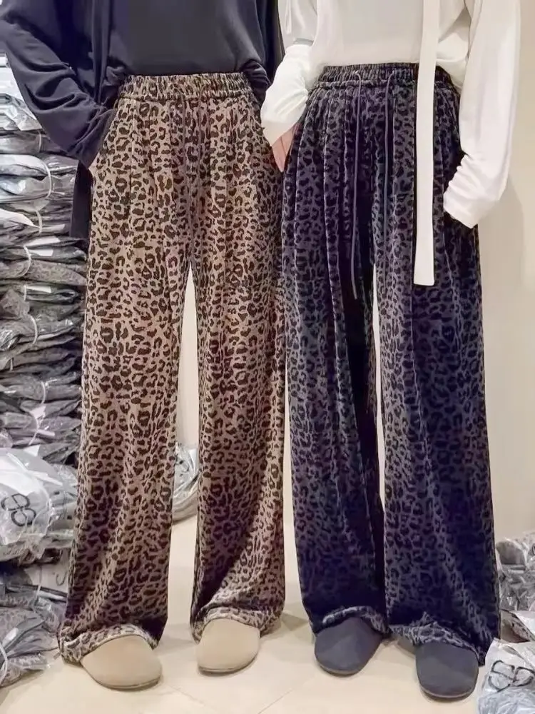 Women Retro Pleuche Pants Leopard Loose Straight Trouser Autumn Winter Y2K Party Chic Elastic Waist Elegant Casual Wide Leg Pant