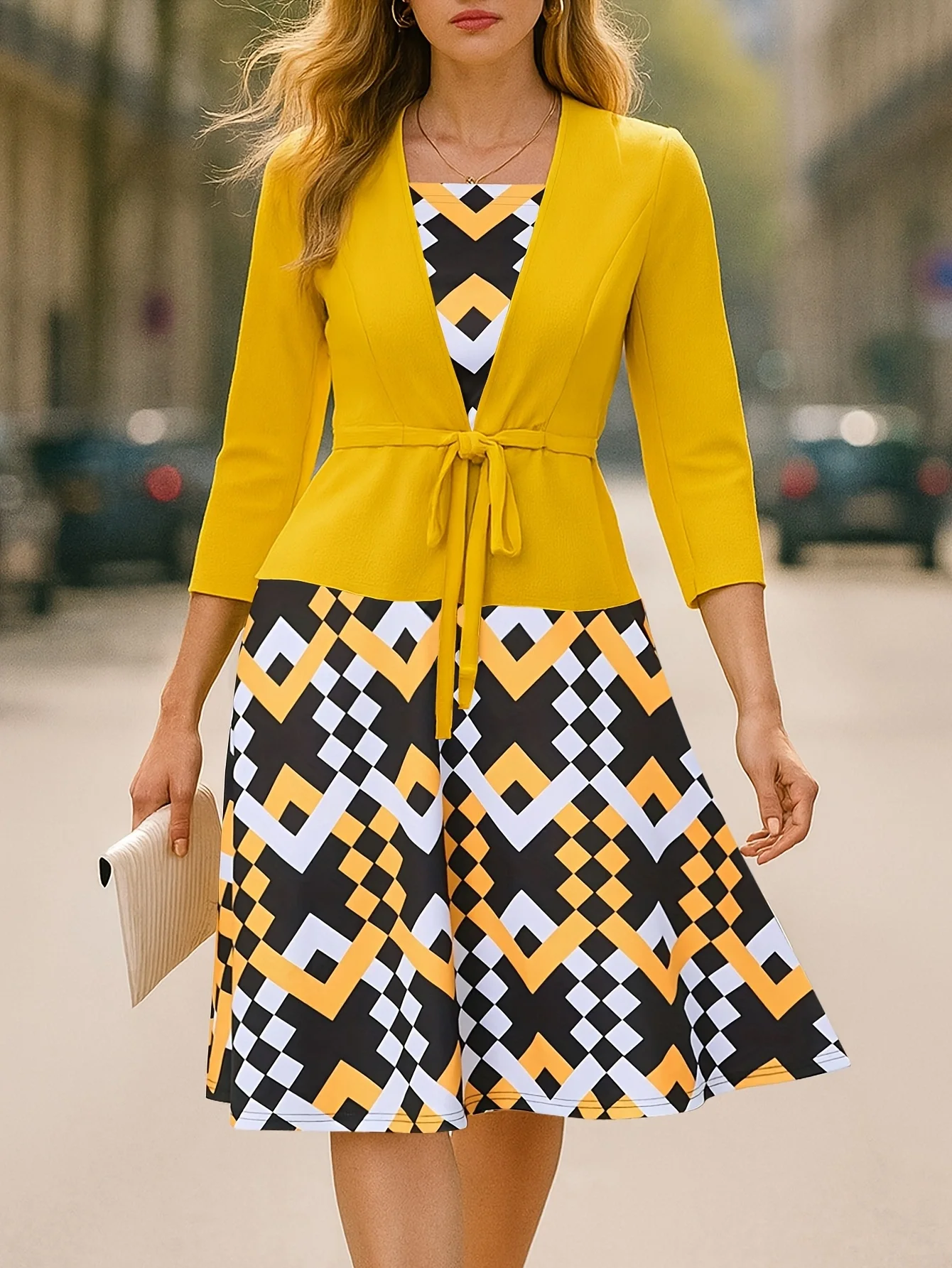 Womens 3/4 Sleeve Geometry Print Square Neck Patchwork Elegant Yellow A-Line Casual Party Fit And Flare Skater Swing Dress