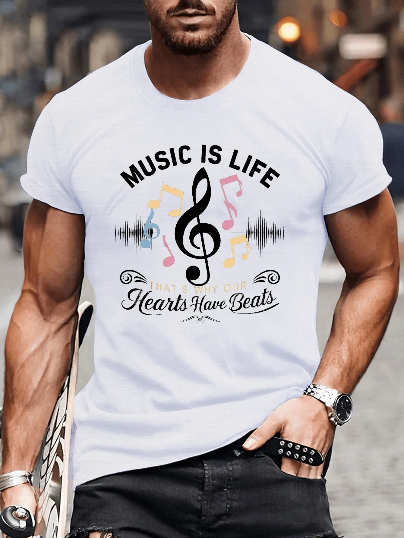 

[Summer Casual Short Tee Shirt] MUSIC IS LIFE print tee shirt, Tees for Men, Casual Short Sleeve T-shirt for summer