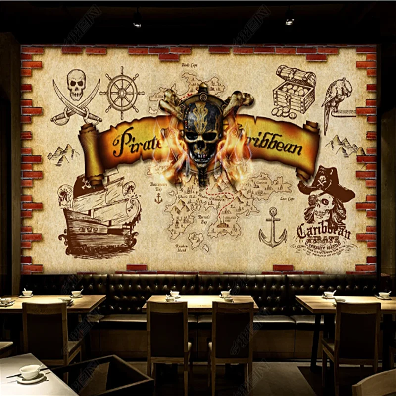 Nordic Retro Nostalgic Mural Wallpapers Industrial Decoration Pirate Skull Dining Bar Background Wall Paper papel de parede