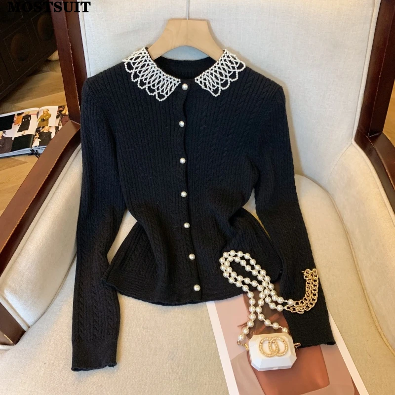 

Элегантный вязаный свитер, кардиган для женщин, весна 2026, трикотажные топы с жемчужным воротником и длинными рукавами, стильные винтажные шикарные женские джемперы
