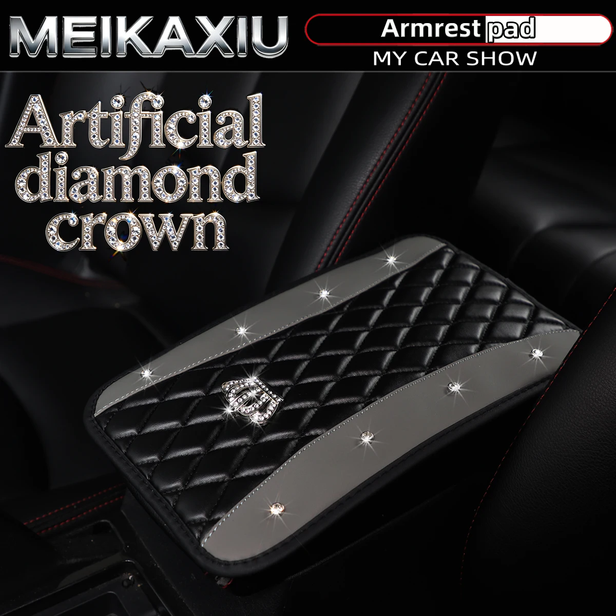 New Women's PU Leather Embroidered with Artificial Diamonds and Glittering Metal Crown - BlingBling Car Console Cover Pad image 5