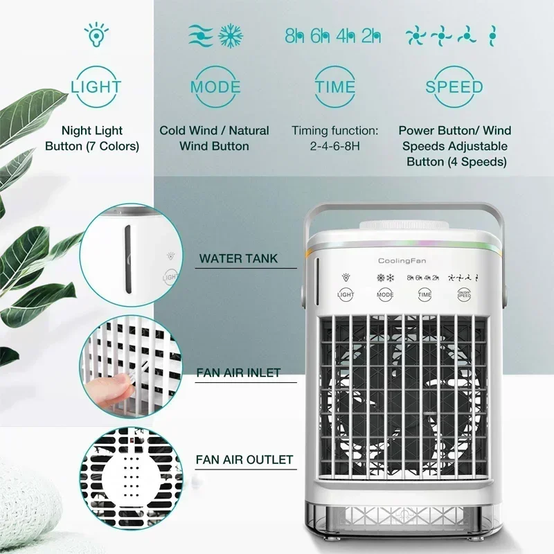 Air Conditioner Portable Fan Desktop Dual Spray Ultrasonic Atomization 3/4-Speed Mute Air Cooler Night Light for Home Office