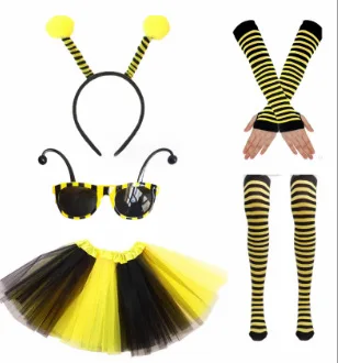 Bee Bopper antena opaska Tutu spódnica garnitur pszczele pasiaste ocieplacze na kolana zakolanówki pończoch i długie rękawiczki dla na imprezę Cosplay