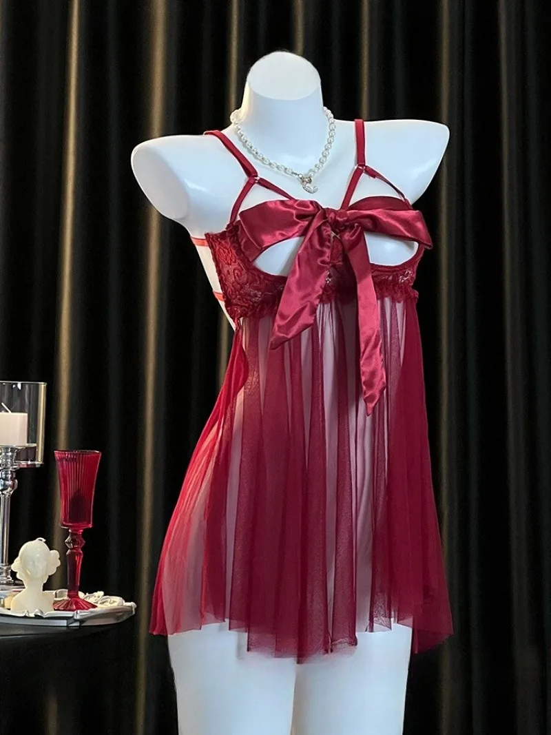 

Wine Red Chiffon See-Through Nightgown for Women,Sexy and Pure Desire Bow Design,Romantic Ascetic Date Pajamas,Soft and Elegant