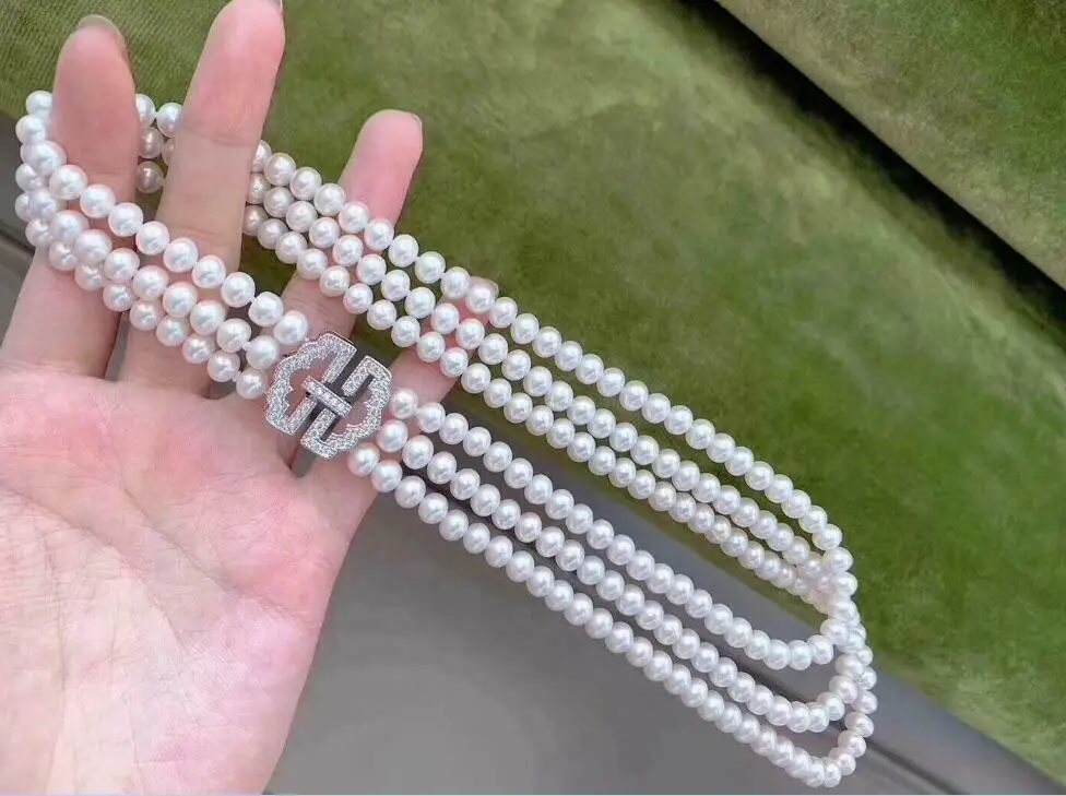 Triple Strands AAAA 8-9MM Natural ROUND South Sea White Pearl Choker Necklace 18-21inch