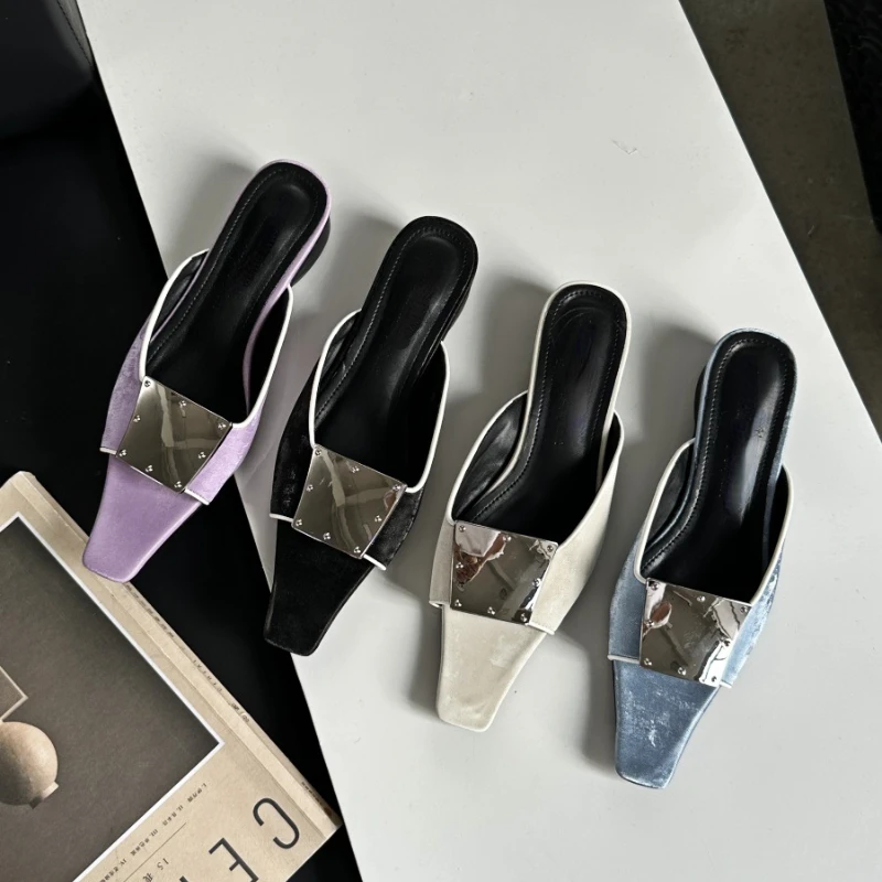 Pantofole con tacco grosso donna Fashion Designer sandalo Slingback donna Open-toe fibbia quadrata in metallo décolleté con punta a punta sandali da