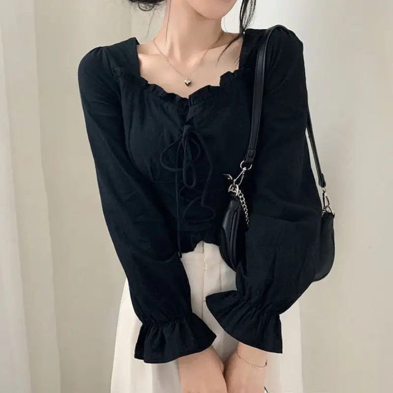 Korean Spring Autumn New Style Reduced Age Retro Unique Design Sense Simple Square Collar Waist Strap Up Small Shirt Women