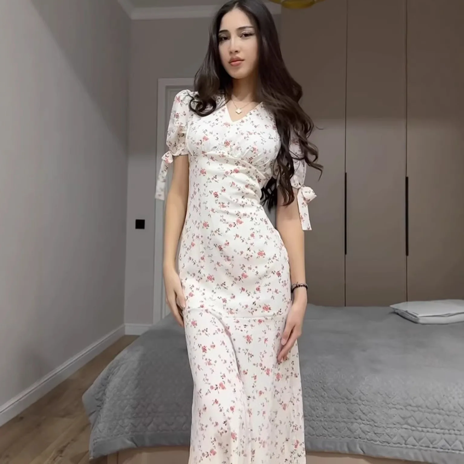 

Elegant Short Sleeve Floral Dress Spring Summer V Neck Bodycon Midi Dresses Women Casual Flowy Sundress