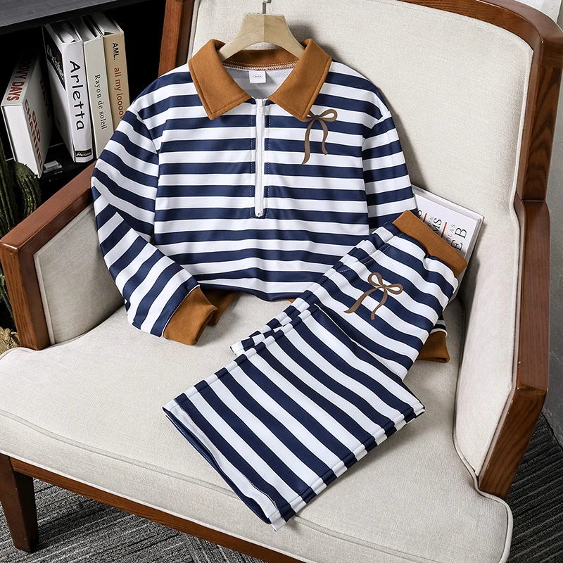 Kids Girls 8-12 Spring Autumn 2 Piece Outfit, Navy White Stripe Matching Set, Contrast Collar Bow Pattern Casual Wear for Daily