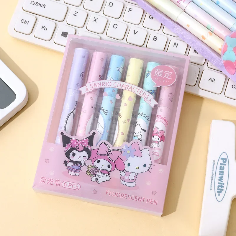 6pcs Kawaii Cartoon Eye Protection Color System Doodle Pen Pupil Diary Label Draw A Picture Paint Double-end Highlighter Pen Set