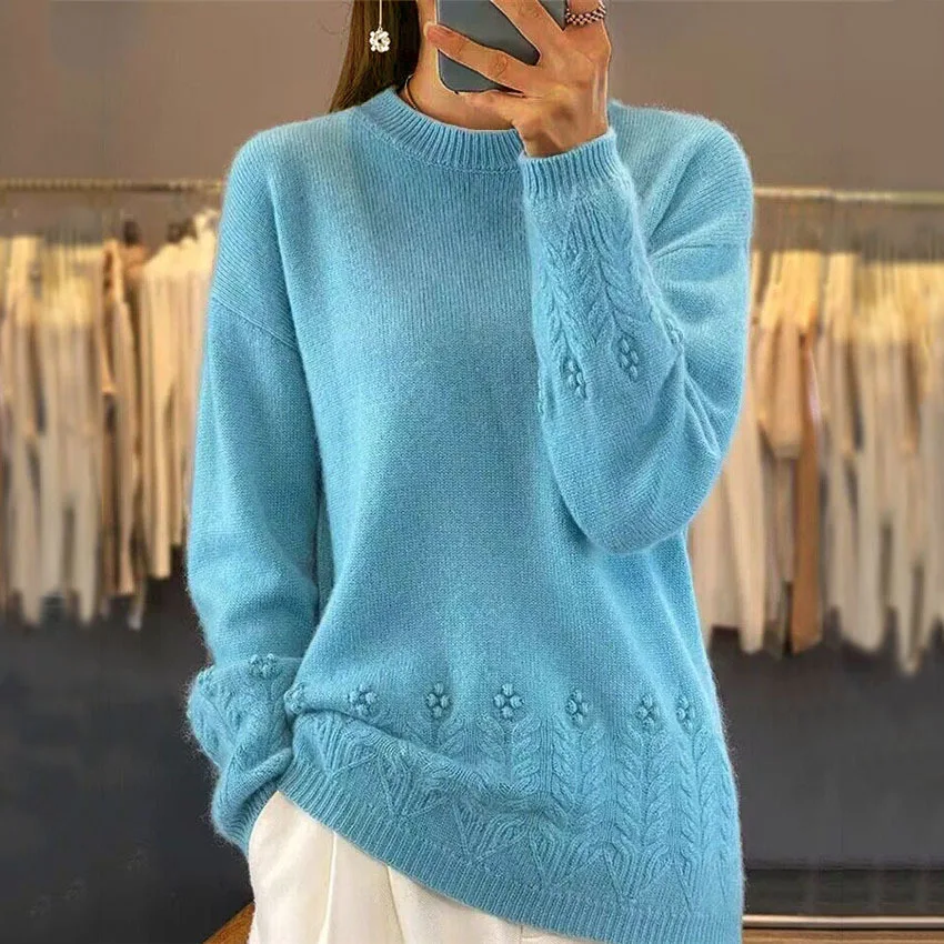 

2025 Autumn Winter Women's Clothing New Round Neck Solid Color Knitted Sweater Top Crochet Pullover Sweater for Women