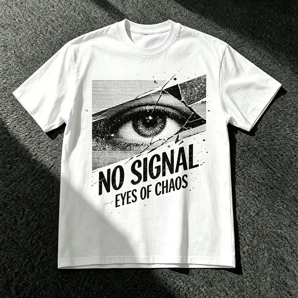 No Signal Eyes Of Chaos T‑Shirt Glitch Broken Eye VHS Noise Grunge Distressed Graphic Cyber Gothic Alt Streetwear Unisex Cotton Short Sleeve Tops for Men Women
