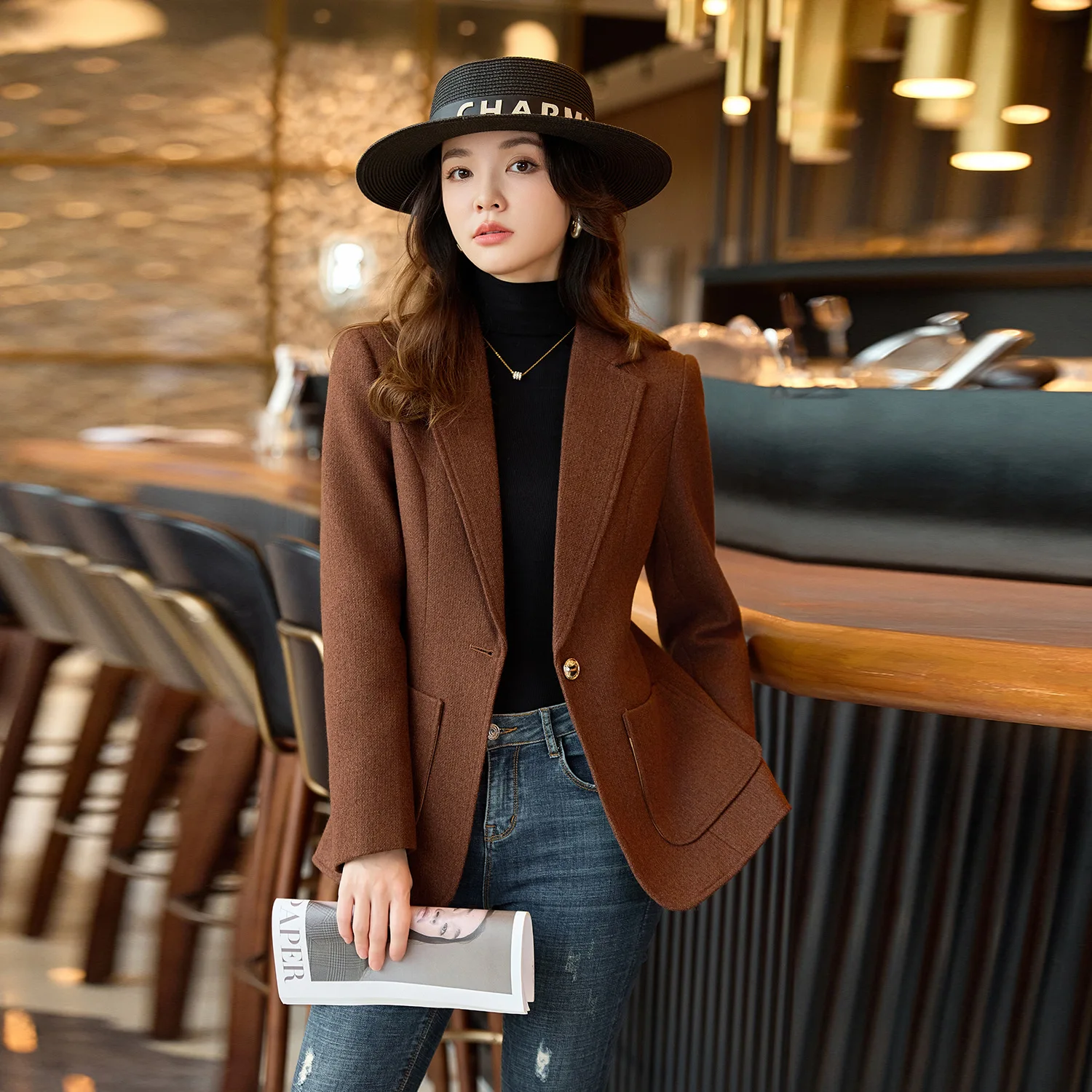 秋冬レディースブレザー女性長袖無地ルーズフォーマルジャケットコートカジュアルワンボタンスーツスリム女性用トップス